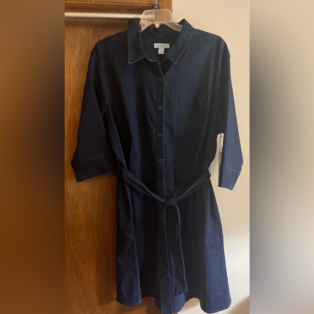 Liz Claiborne Dress Denim Knee Length 3/4 Sleeve Button Front Belted 22W New